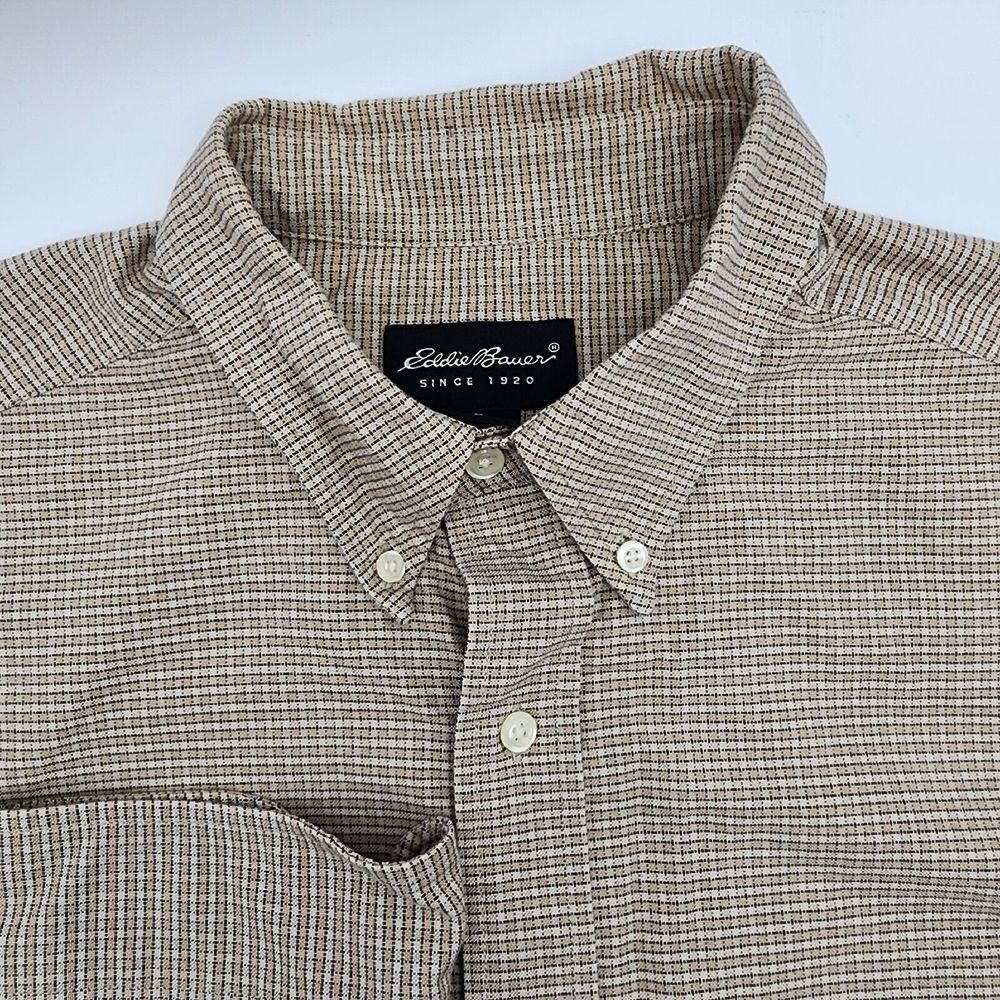 Eddie Bauer Button Down Shirt Mens Size L Tan Brown Checked Long Sleeve Pocket